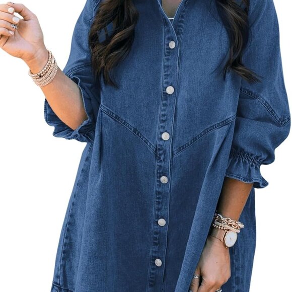 Womens Smocked 3 4 Sleeve Button Down Denim Jeans Dresses